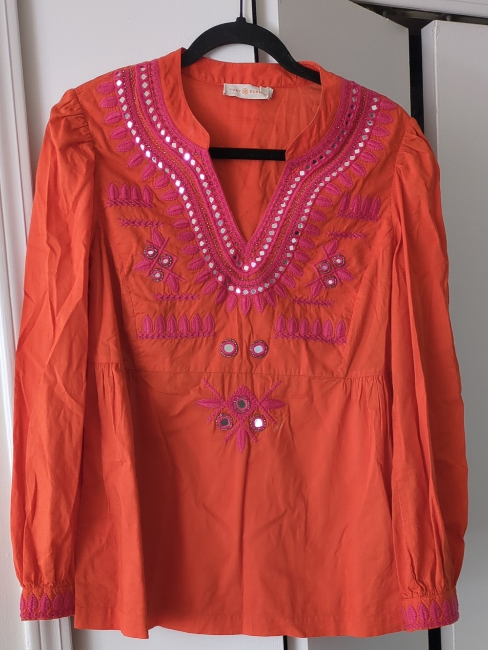 Tory Burch Orange Tunic with Pink Mirror Hand Embroidery